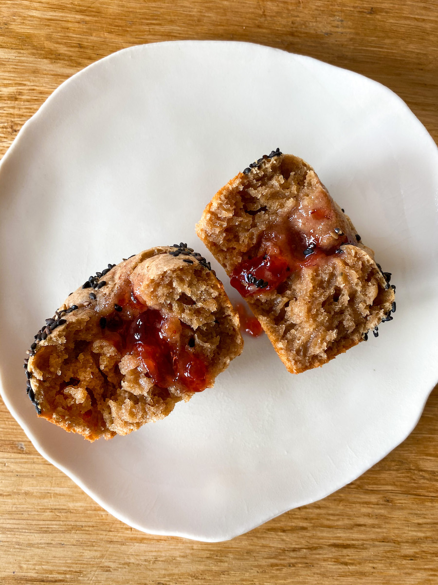 Tahini Rye Muffins with Strawberry Jam