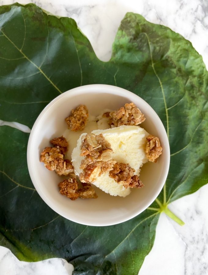 fig leaf ice cream with honey oat crumble